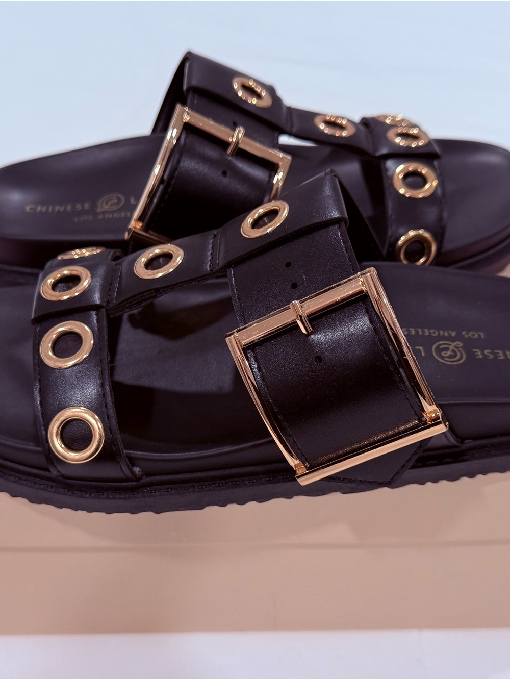 Chinese Laundry Rozalia Black Slide Sandals with Gold Hardware
